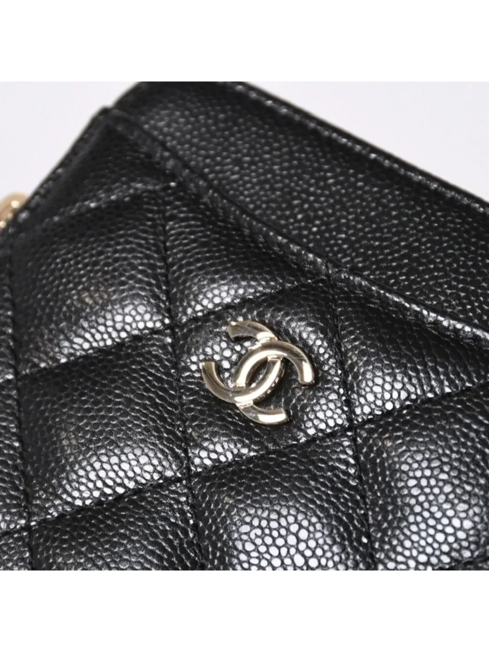 Chanel Classic Zip Coin Purse Stand CC Logo Caviar Leather Black Gold